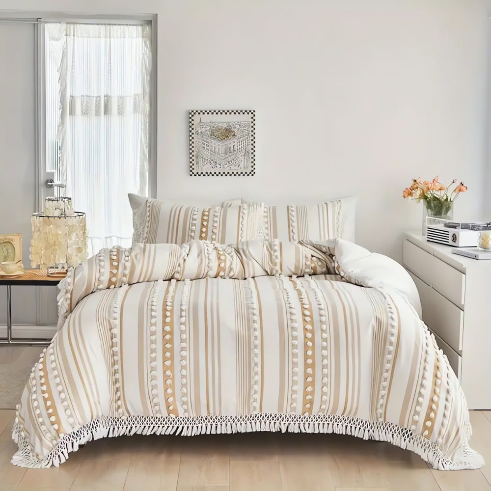 Skanto | Myk Stripe og Frynse Duvet Sett | 3stk
