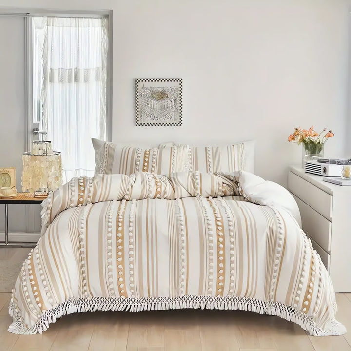Skanto | Myk Stripe og Frynse Duvet Sett | 3stk