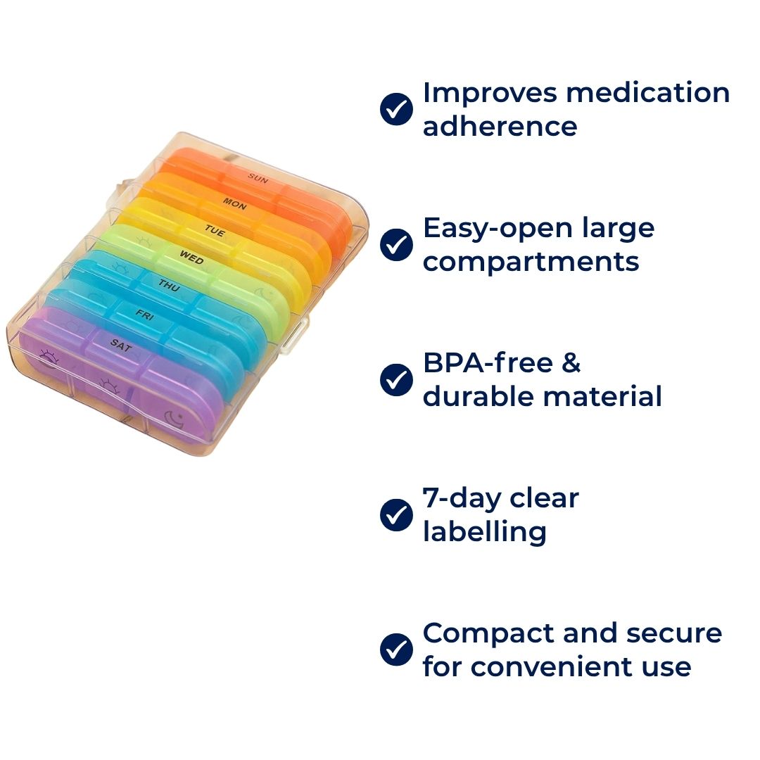 MediTrack | Ukentlig Pilleorganisator – Forbedrer Medisinoverholdelse - Enkel-åpne Store Rom – BPA-fri Holdbar – Reise & Seniors Skanto