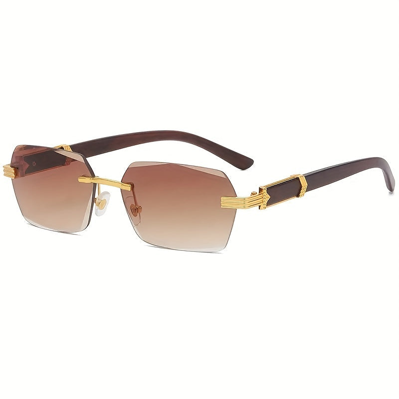 Rimless sunglasses with rectangular lenses and faux wood temples – Verro | Skanto