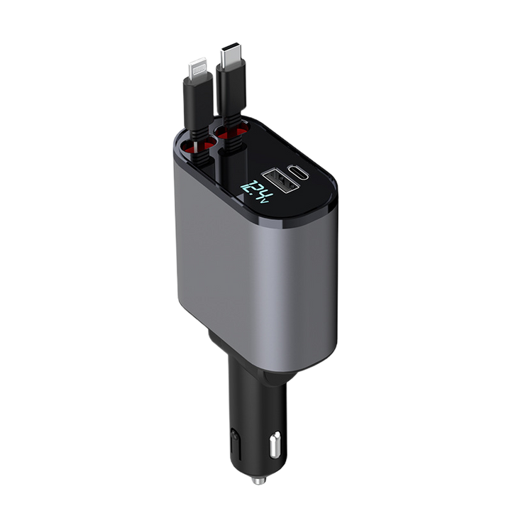 4-i-1 Bil Charger med Uttrekkbar Kabel | Skanto