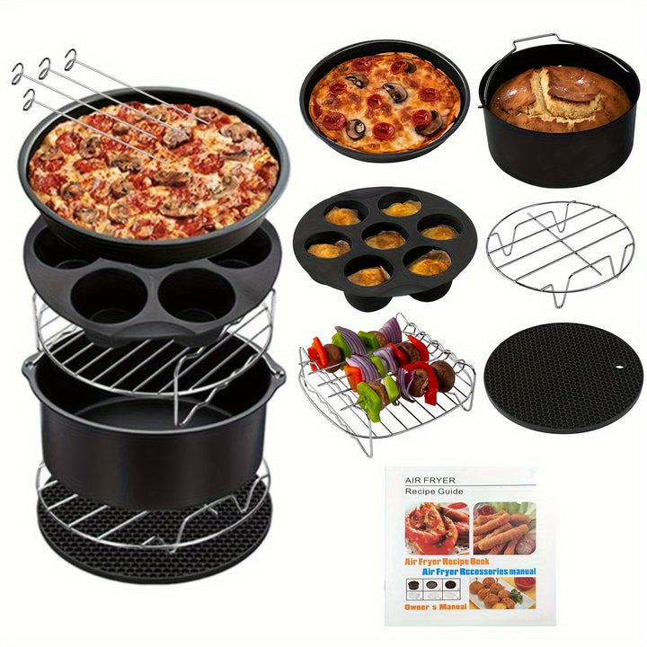Skanto | 11-delt 8-tommers Air Fryer tilbehørsett - Kompatibel med 3,7QT - 6,8QT Air Fryer, BPA-fri, oppvaskmaskin sikker, non-stick med kokebok