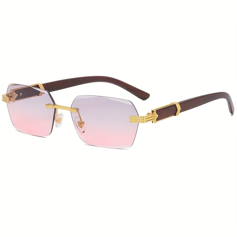 Rimless sunglasses with rectangular lenses and faux wood temples – Verro | Skanto