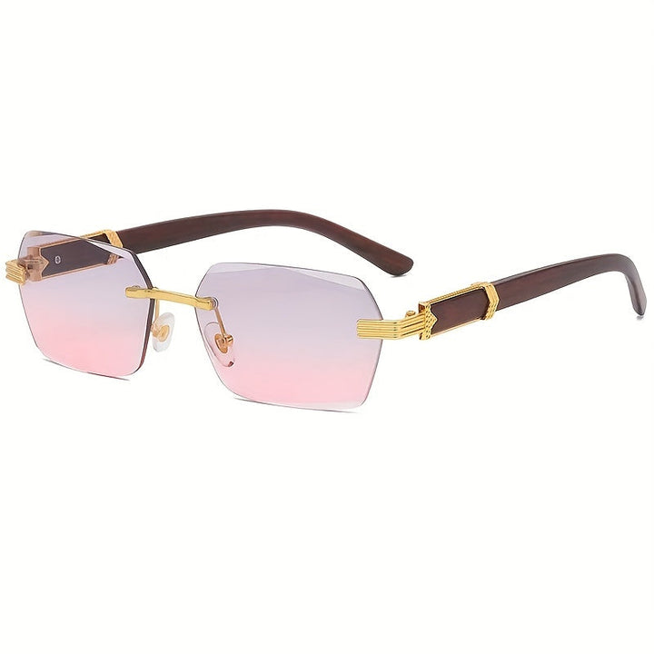 Rimless sunglasses with rectangular lenses and faux wood temples – Verro | Skanto