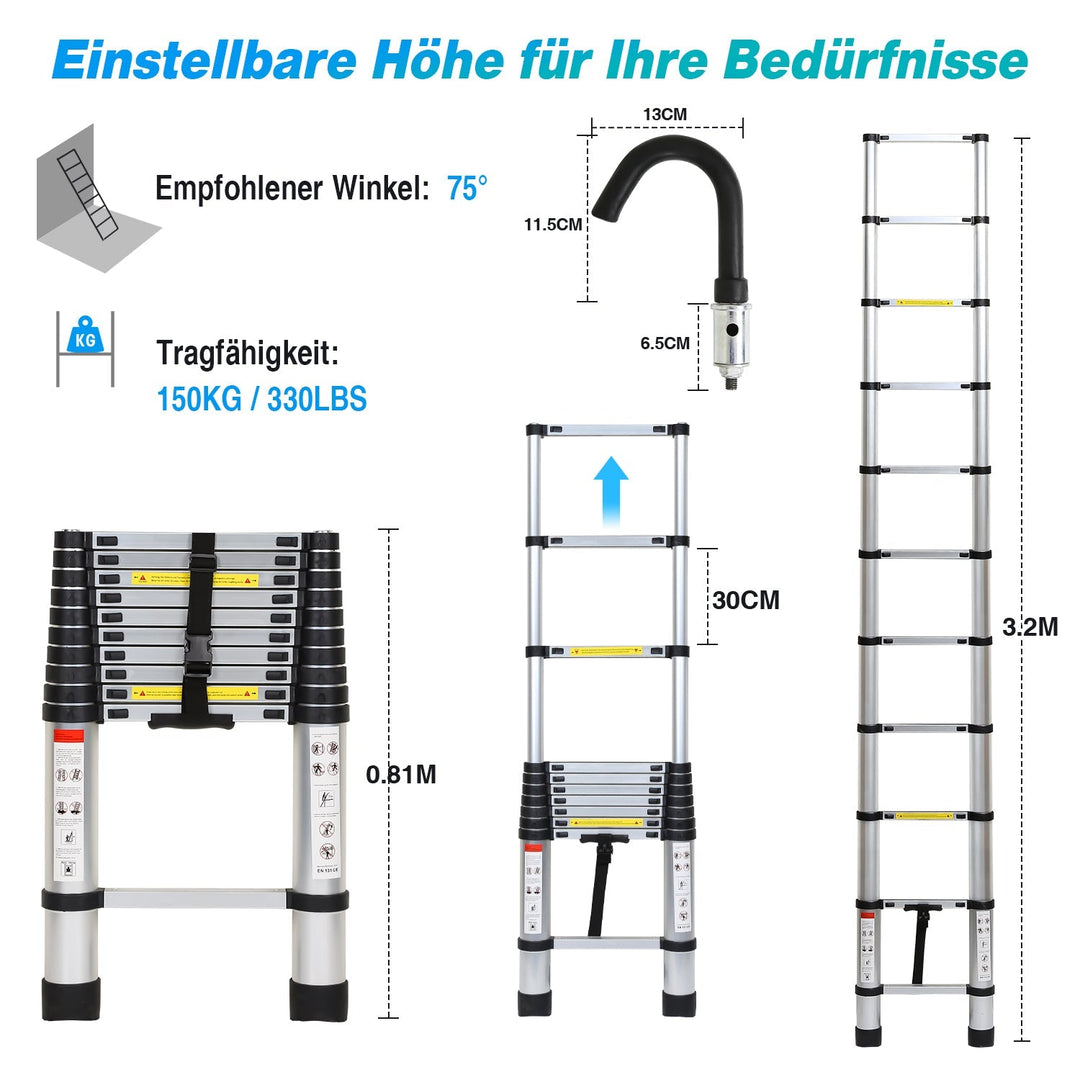 Telescopisk stige med 2 avtakbare kroker | Skanto
