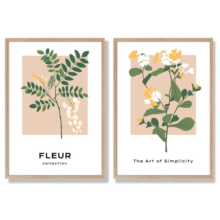 Sett med 2 kunsttrykk med beige og grønne villblomstmotiver i rammer