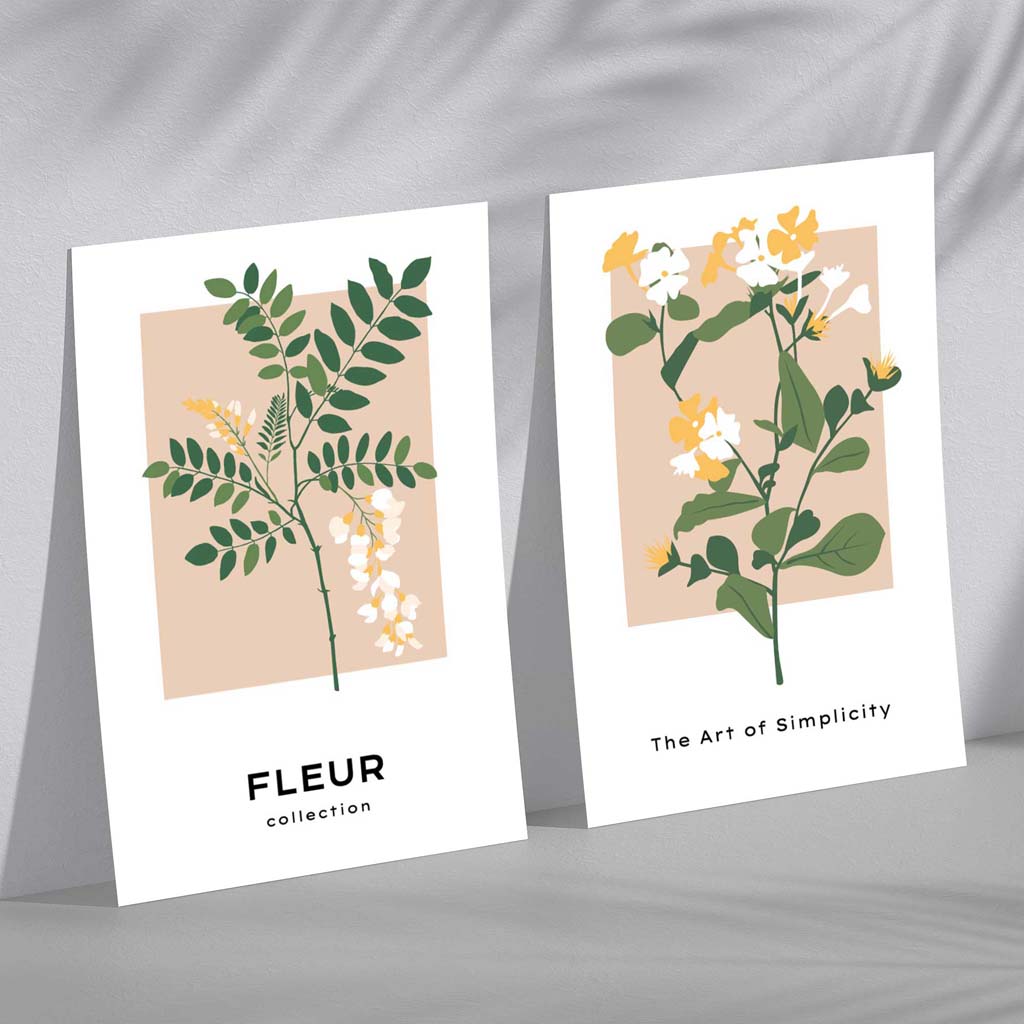 Sett med 2 kunsttrykk med beige og grønne villblomstermotiver