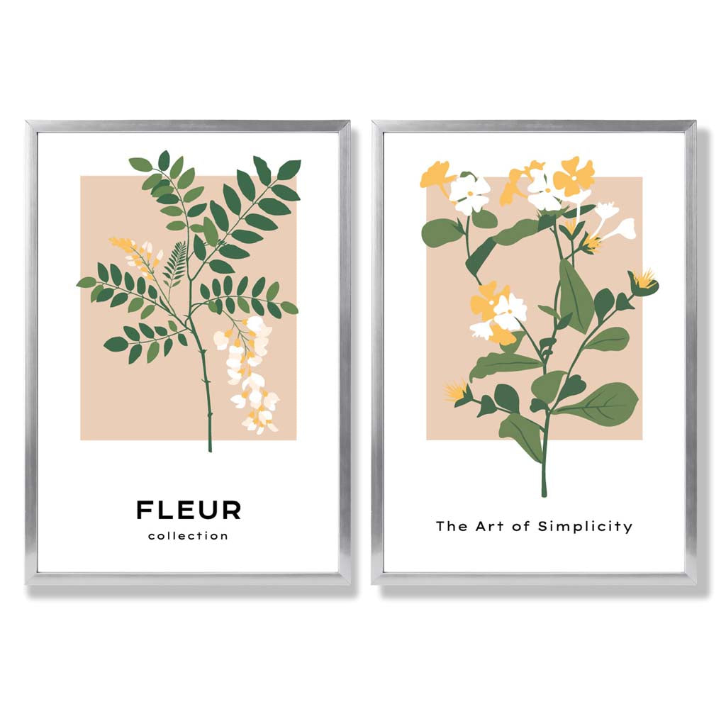 Sett med 2 kunsttrykk med beige og grønne villblomstmotiver i rammer