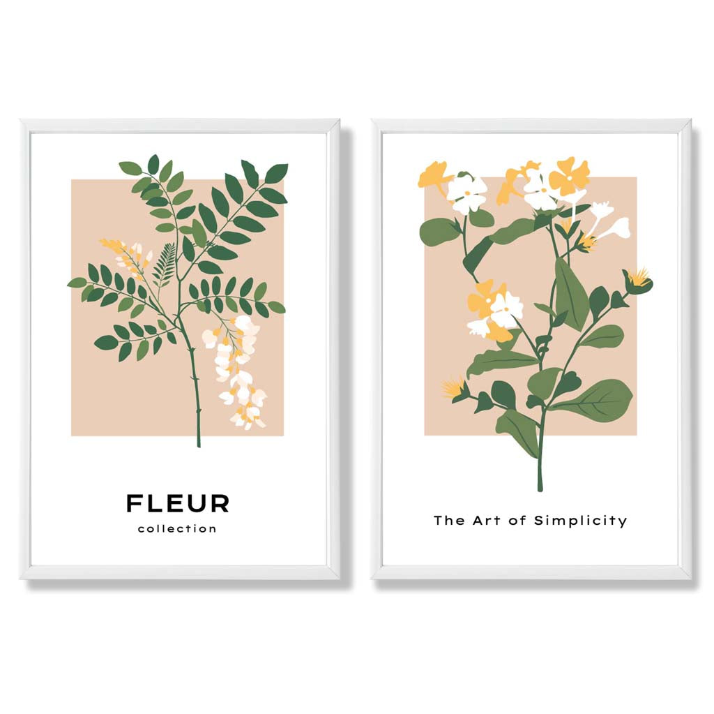 Sett med 2 kunsttrykk med beige og grønne villblomstmotiver i rammer