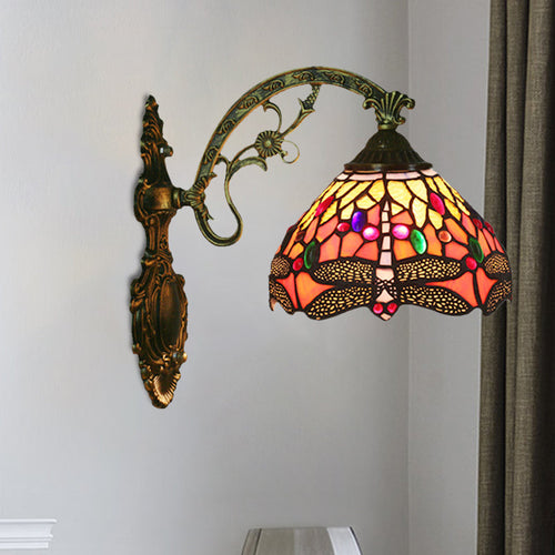 Vegglampe for soverom med ett hode, Tiffany-bronsevegglampe med glassskjerm i kjegleformet øyenstikkermønster