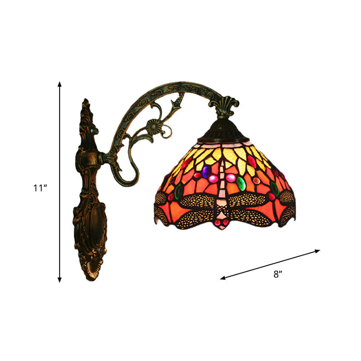 Vegglampe for soverom med ett hode, Tiffany-bronsevegglampe med glassskjerm i kjegleformet øyenstikkermønster