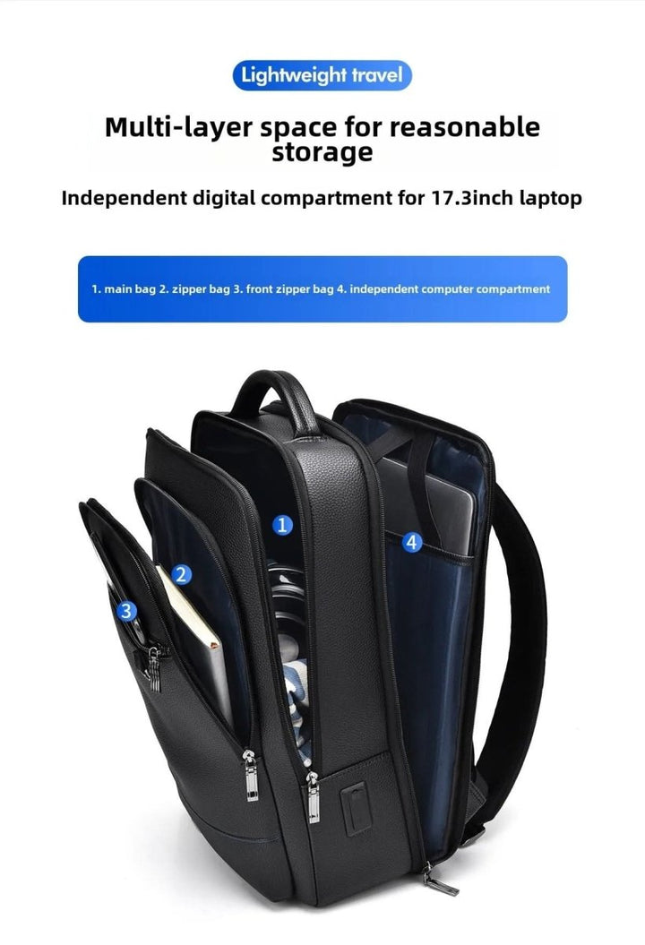 Eleganter Lederrucksack for Damen og Herren med USB-anschluss for laptop og täglichen bruk, 15,6 Zoll, schwarz