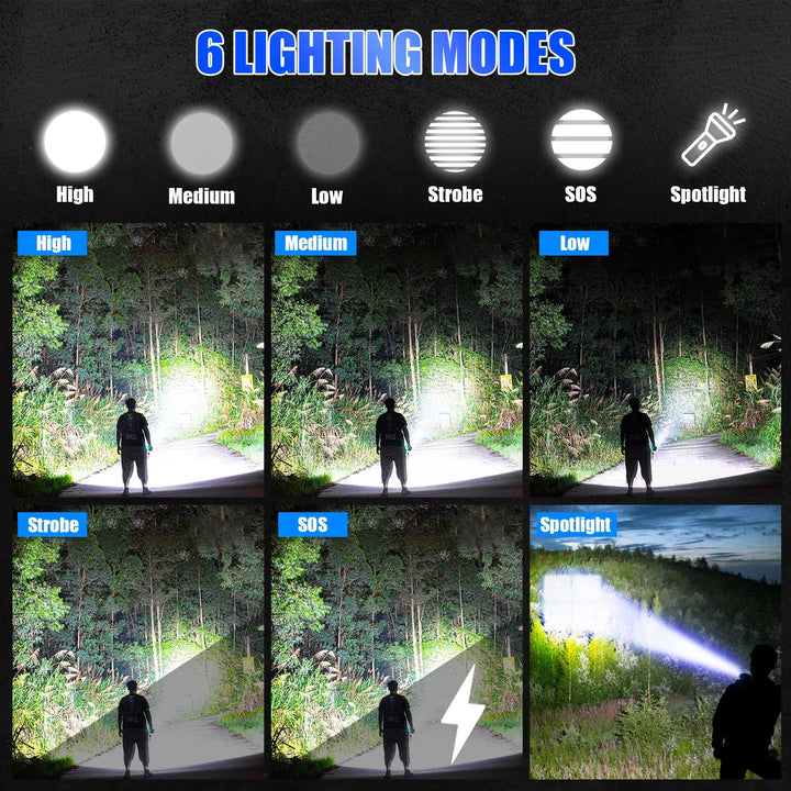 Skanto | Foleto 100000 Lumen Oppladbar Led Lommelykt - 5 Moduser, Vanntett, 2 Pakke, Taktisk