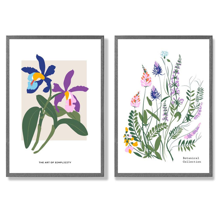 Fargerik vårblomstillustrasjon, innrammet sett med 2 kunsttrykk