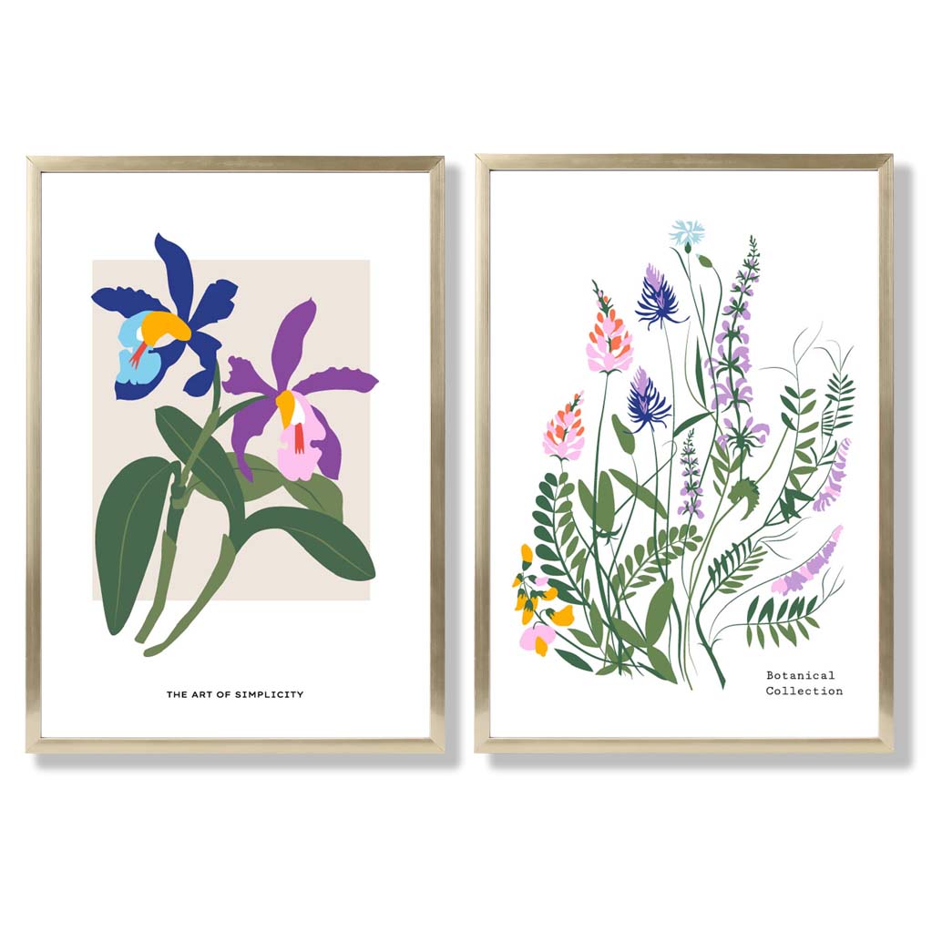 Fargerik vårblomstillustrasjon, innrammet sett med 2 kunsttrykk