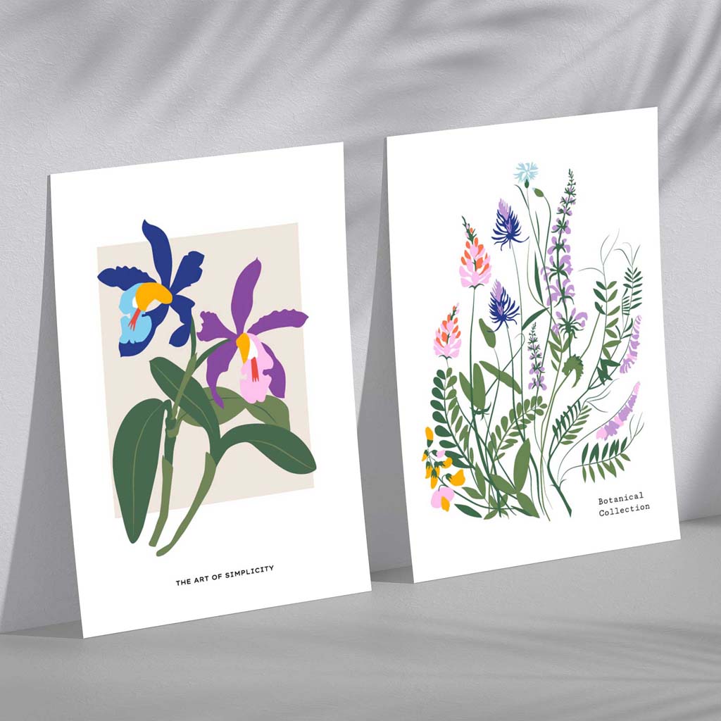 Fargerikt vårblomstillustrasjonssett med 2 kunsttrykk
