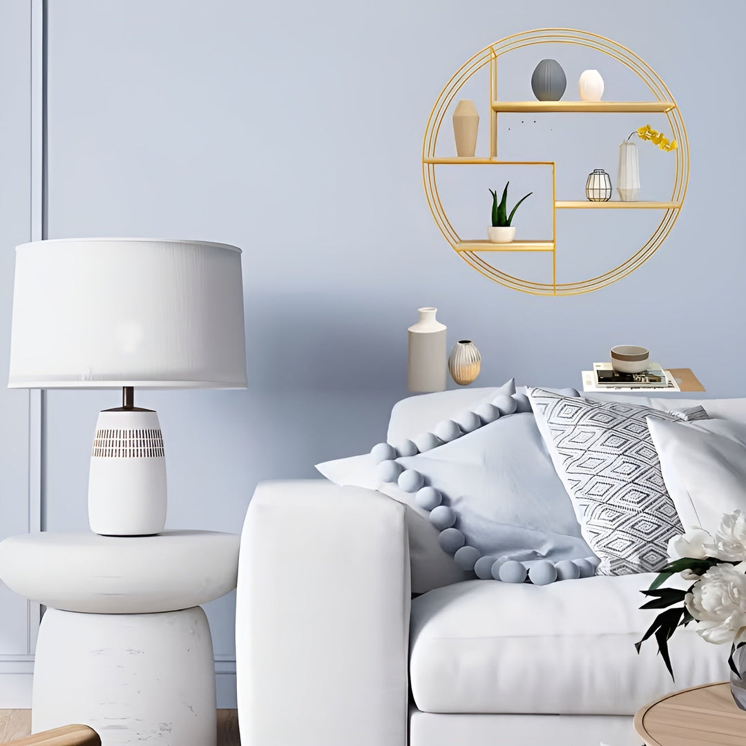 Rund Vegg hylle med 4 nivåer - Retro design laget av tre og metall | Dekorativ hengende hylle for stue, bad og soverom | Skanto