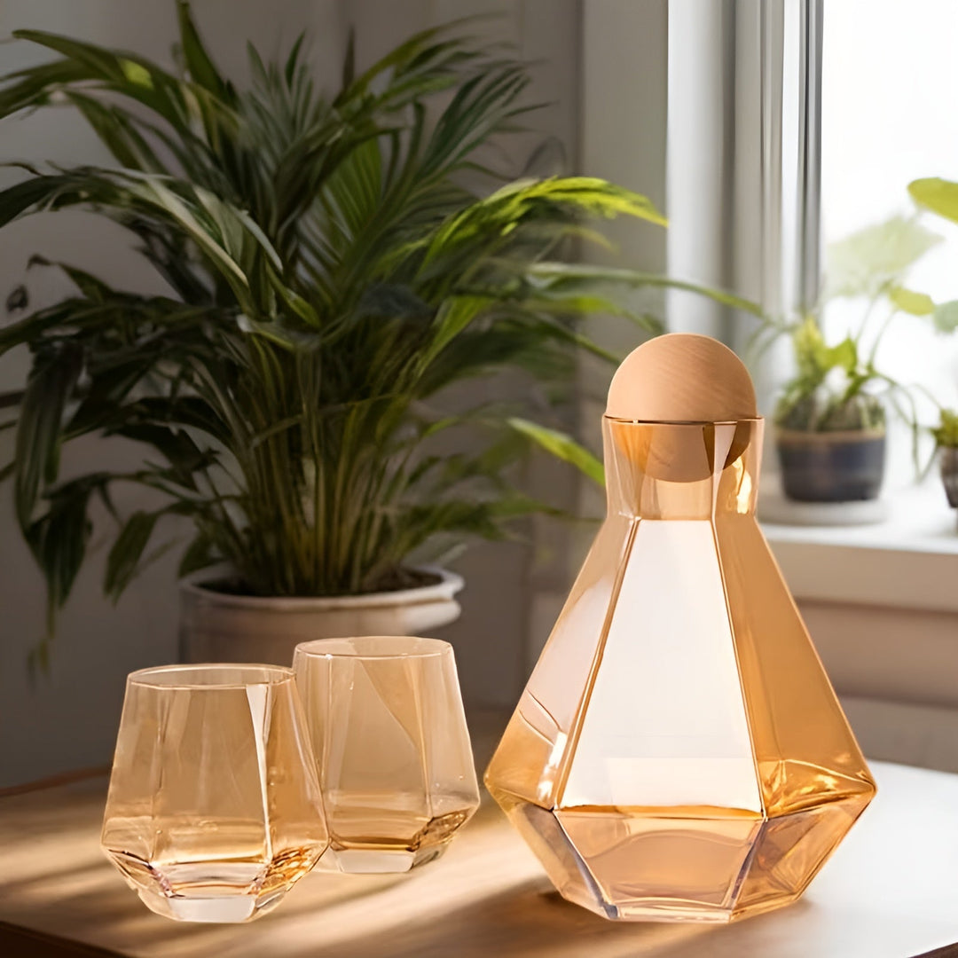 Diamant glass bilkarafels sett med 4 glass – moderne og dekorativ | 5-delt sett med lokk for vann, juice og vin | Skanto