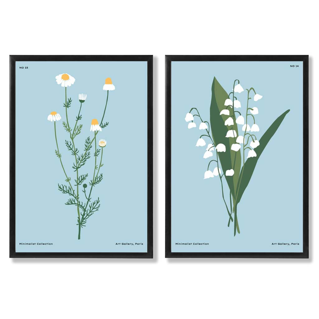 Illustrasjon av en blå villblomst, innrammet sett med 2 kunsttrykk