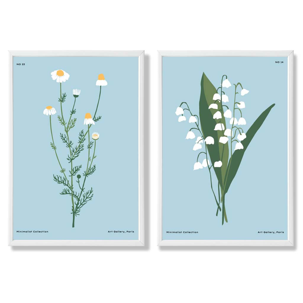 Illustrasjon av en blå villblomst, innrammet sett med 2 kunsttrykk