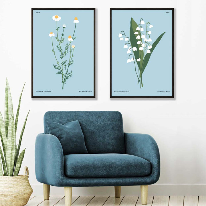 Sett med illustrasjoner av blå markblomster og 2 kunsttrykk