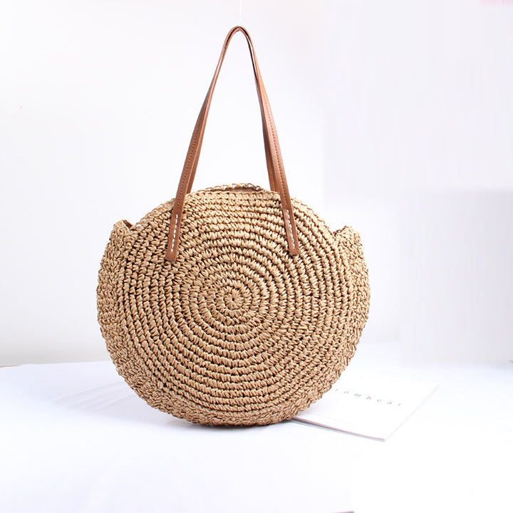 Handmade Round Basket Bag with Short Leather Handles Skanto