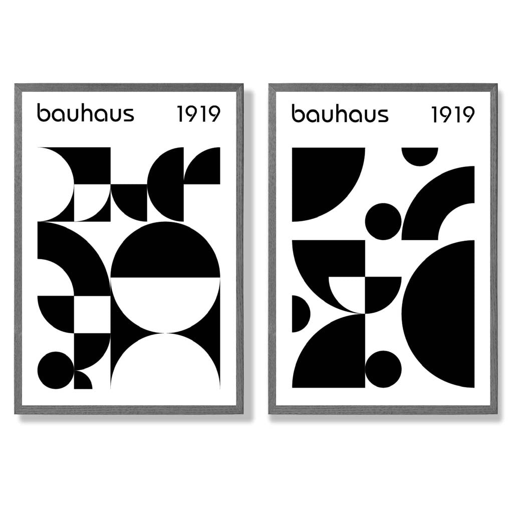 Bauhaus-stil, svart-hvitt, midten av 1900-tallet, innrammet sett med 2 kunsttrykk