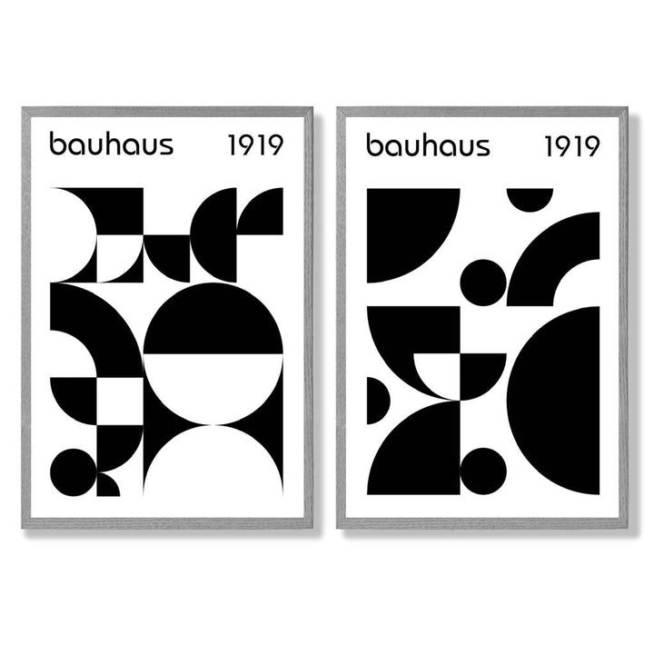 Bauhaus-stil, svart-hvitt, midten av 1900-tallet, innrammet sett med 2 kunsttrykk