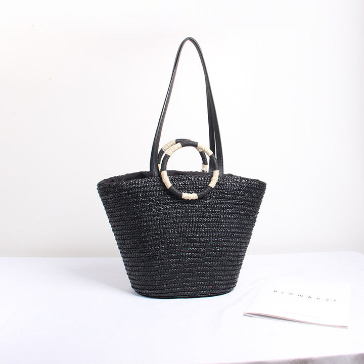 Designer Straw Bag with Playful Text and Decorative Pom Pom Skanto