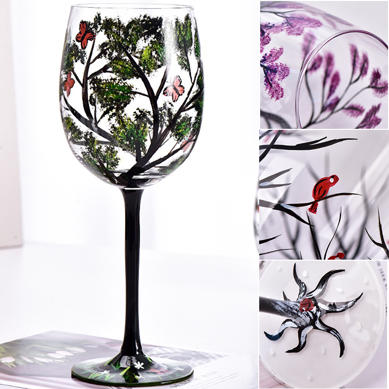 Fire Seasons Tree Vin Glass - Håndmalt Kunst | Skanto