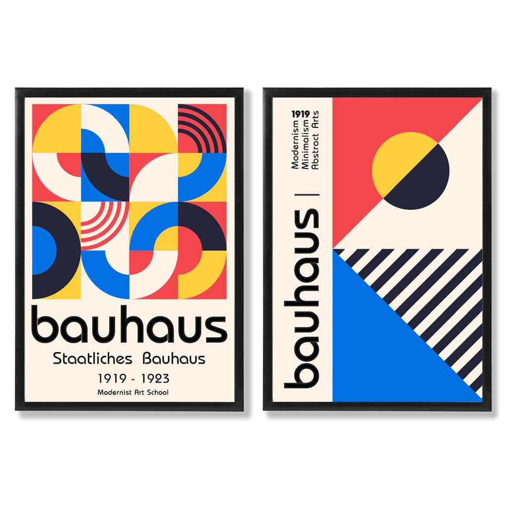 Bauhaus-stil, rød og blå, midten av århundret, innrammet sett med 2 kunsttrykk