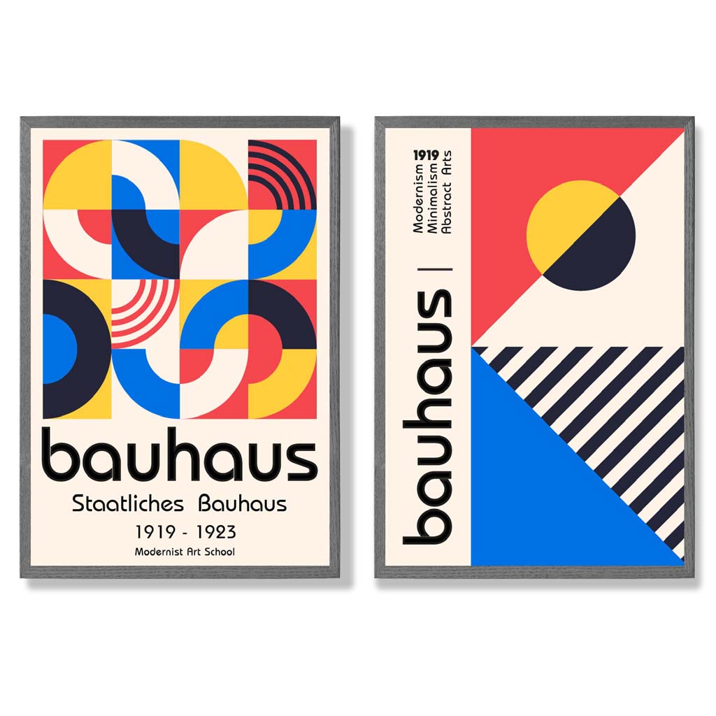 Bauhaus-stil, rød og blå, midten av århundret, innrammet sett med 2 kunsttrykk