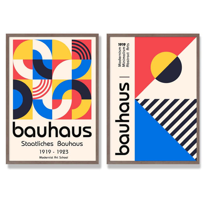 Bauhaus-stil, rød og blå, midten av århundret, innrammet sett med 2 kunsttrykk