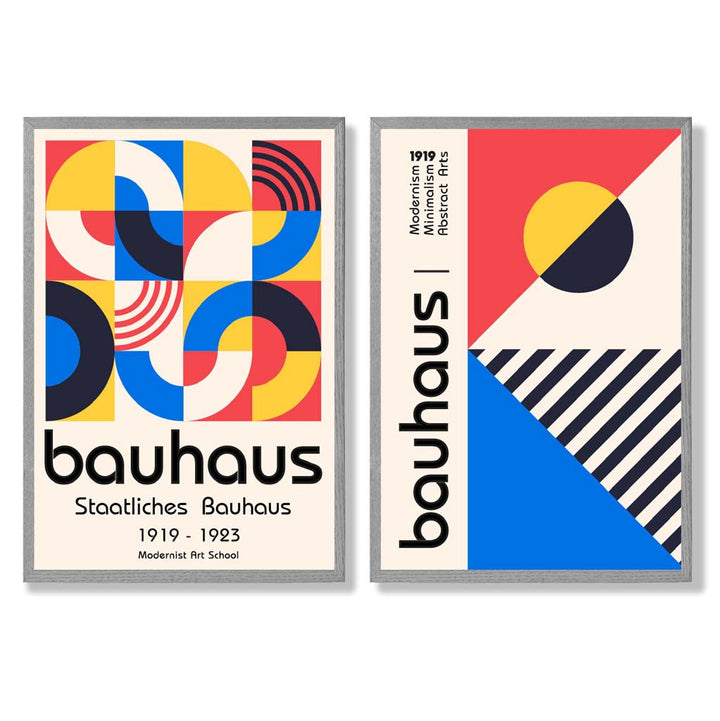 Bauhaus-stil, rød og blå, midten av århundret, innrammet sett med 2 kunsttrykk