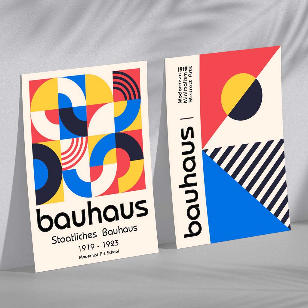 Bauhaus-stil, rød og blå, design fra midten av århundret, sett med 2 kunsttrykk