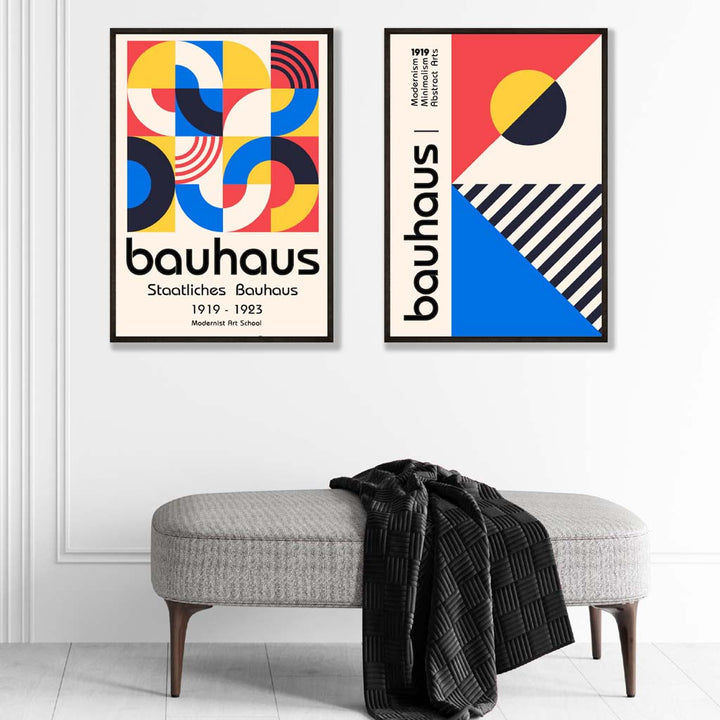Bauhaus-stil, rød og blå, design fra midten av århundret, sett med 2 kunsttrykk