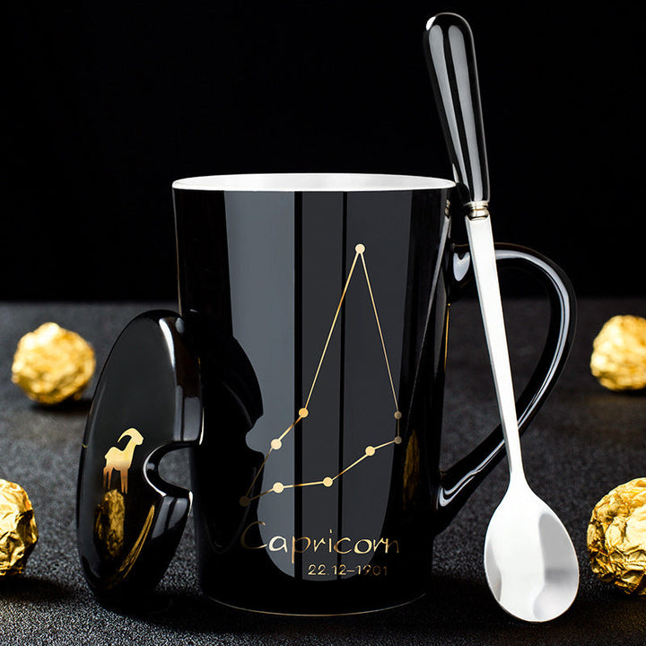 Skanto | 12 Zodiac Black Ceramic Mug with Lid and Spoon