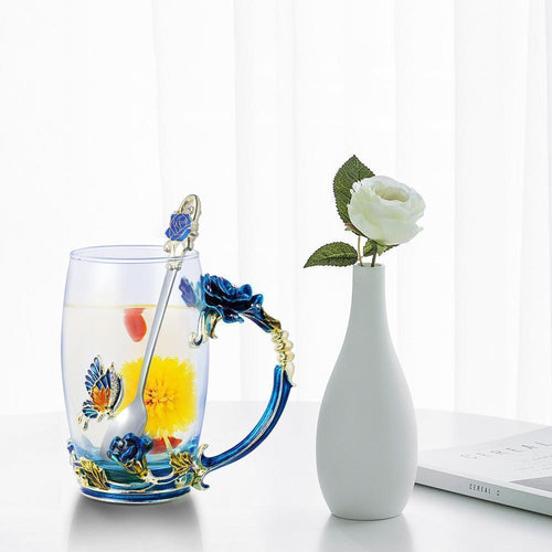 Emalje Rose Glass Tekopp Sett (Med Skje) | Skanto