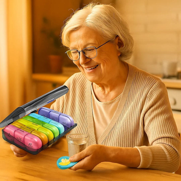 MediTrack | Ukentlig Pilleorganisator – Forbedrer Medisinoverholdelse - Enkel-åpne Store Rom – BPA-fri Holdbar – Reise & Seniors Skanto