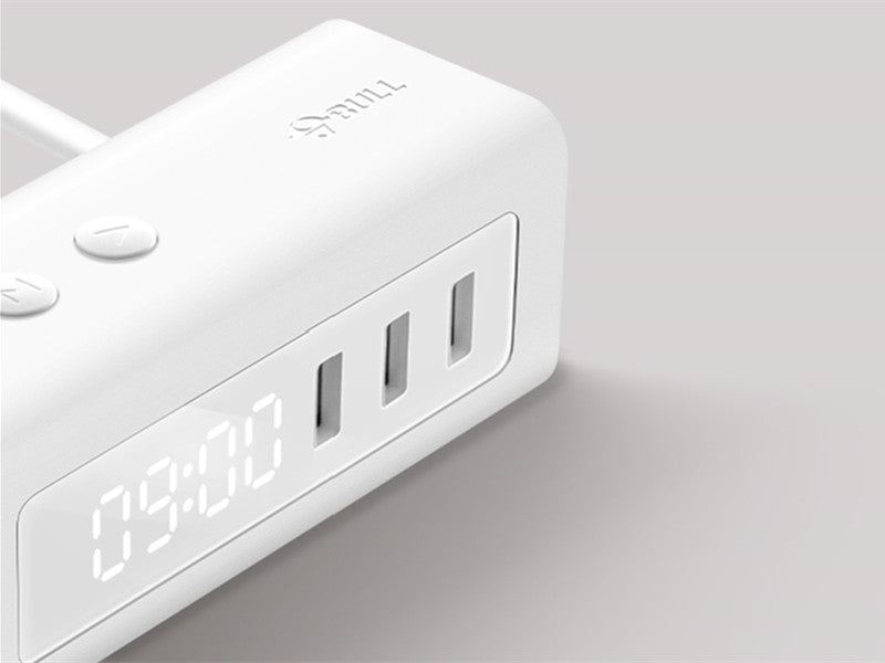 Skanto | 3-i-1 USB-lader, strømbane, vekkerklokke, med justerbart lys, 3 USB-porter og 2 uttak, for nattbord, hjem, hotell, kontor