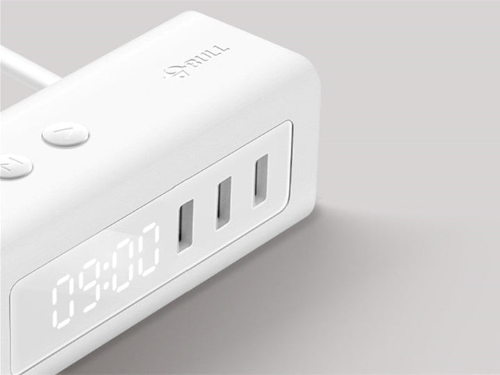 Skanto | 3-i-1 USB-lader, strømbane, vekkerklokke, med justerbart lys, 3 USB-porter og 2 uttak, for nattbord, hjem, hotell, kontor