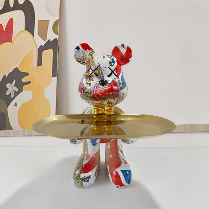 Bjørn Figurin med Serveringsbrett, Moderne Dekorativ Figur for Stue og Gang