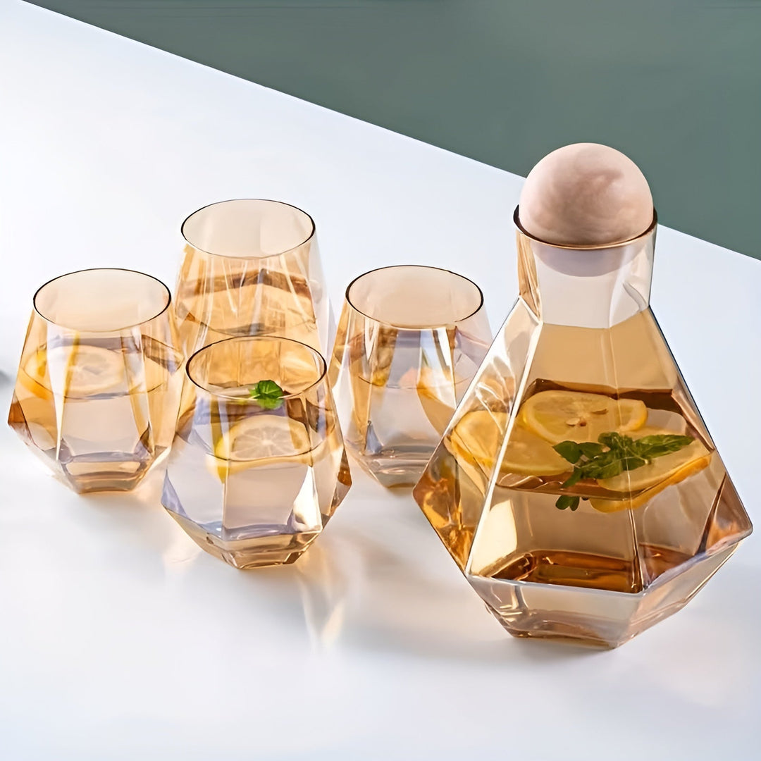 Diamant glass bilkarafels sett med 4 glass – moderne og dekorativ | 5-delt sett med lokk for vann, juice og vin | Skanto