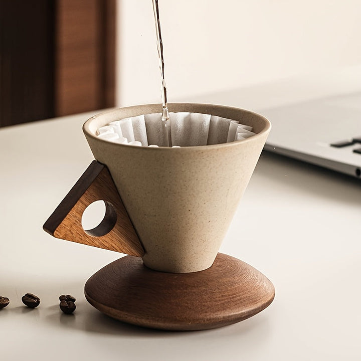 BaristaLuxe Keramisk Kaffekopp 250ml – Håndlaget med Trehåndtak og Underlag | Skanto