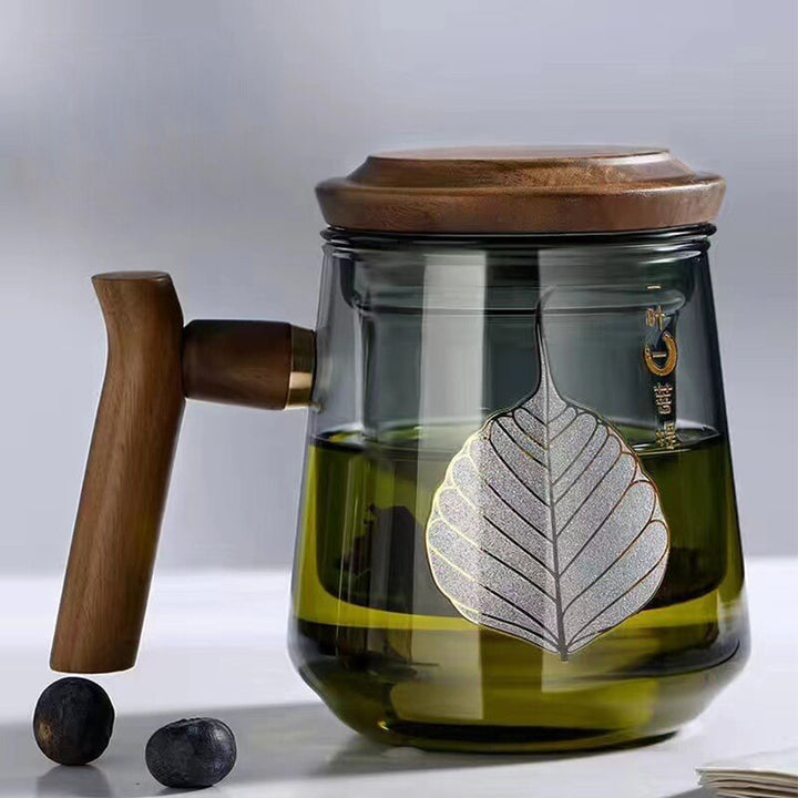 Premium Glass Tea Cup with Filter and Wooden Handle, 470ml | Skanto
