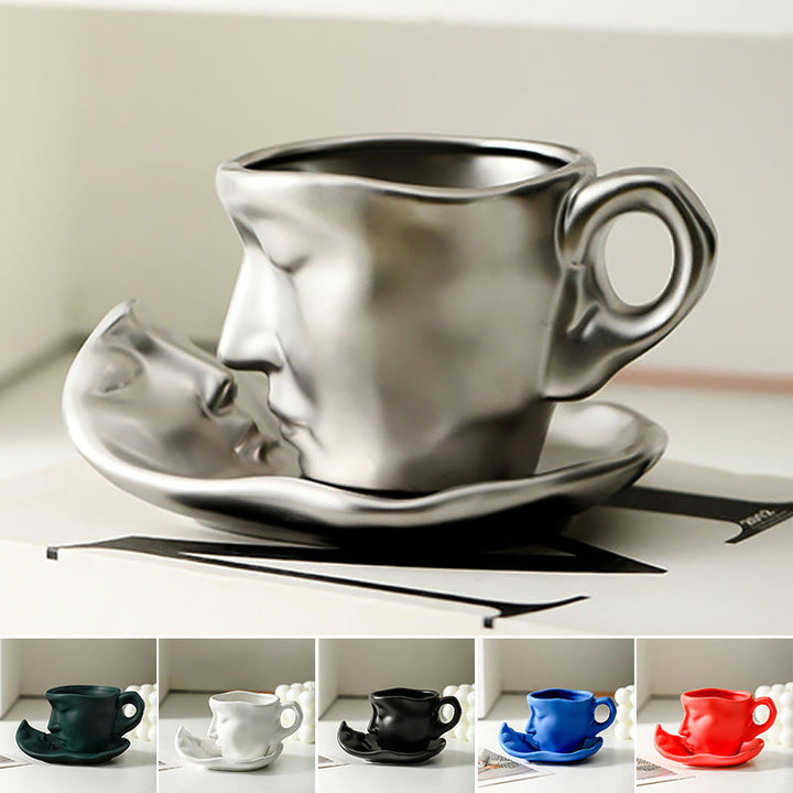Metall Berørende Ansikt Kreativ Keramikk Kyss Kaffe Kopp, Kunstnerisk Stemning Mugge & Underkop Sett | Skanto