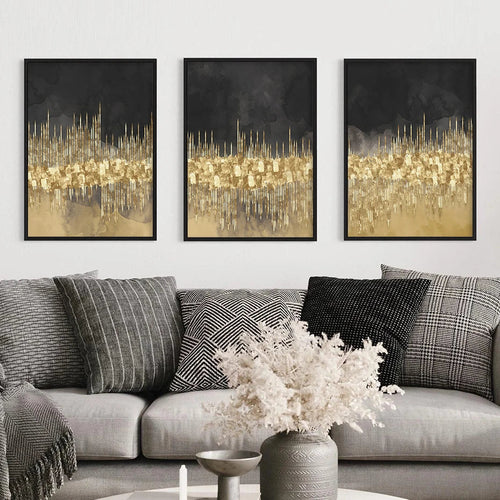 Abstract Golden Cityscape on Black Watercolor Canvas Print Wall Art Light Luxury Pictures for Living Room Bedroom Home Office Decor | Skanto