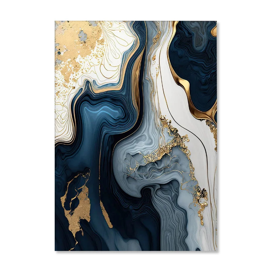 Deep Ocean Blue Golden Marble Print Wall Art Fine Art Canvas Prints Posters Pictures for Living Room Dining Room Light Luxurious Home Decor | Skanto