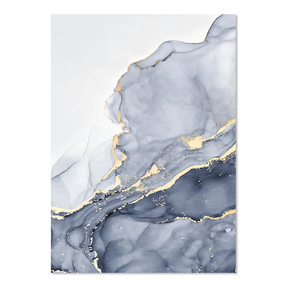 Shades of Blue Abstract Fluid Marble Wall Art Fine Art Canvas Print with Gold Accents Pictures for Living Room Modern Bedroom Art Decor | Skanto