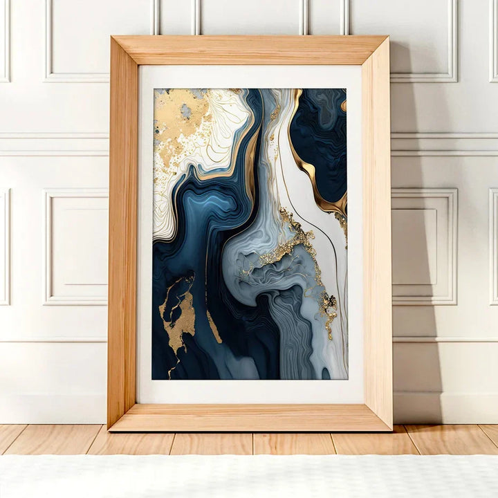 Deep Ocean Blue Golden Marble Print Wall Art Fine Art Canvas Prints Posters Pictures for Living Room Dining Room Light Luxurious Home Decor | Skanto